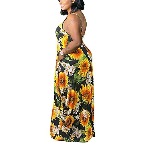 Image of BFFBABY Womens Summer Suspender Maxi Dress Plus Size Striped Printed Sleeveless with Pockets and Belt