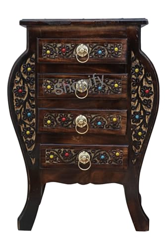 Image of Shopify Wooden Stool-Natural Wood Antique Look Side Table with 4 Drawer for Living Room
