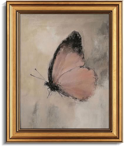 Image of Gold Framed 3D Textured Wall Art, Vintage Pink Butterfly Canvas Prints, Moody Cottagecore Moth Pictures Decor, Boho Rustic Farmhouse Insect Artwork for Living Room Bedroom Bathroom 9x11inch