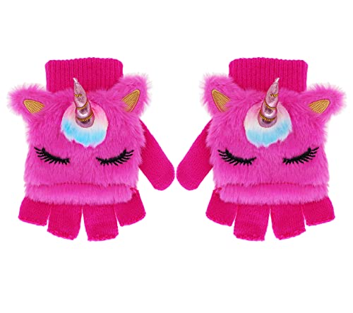 Kids Girls Cute Glitter Unicorn Beanie Winter Hat and Glove Set Knitted Earflap Cap Flip Top Mitten Set3