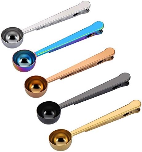 Set of 5 Coffee Scoop Clip,2-in-1 Stainless Steel Coffee Measuring Spoon with Sealing Clips, Kitchen Craft Long Handle Spoon Bag Clip for Coffee, Milk Powder, Oatmeal, Tea,Spices -Multicolor