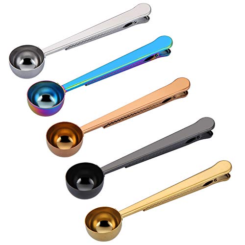 Set Of 5 Coffee Scoop Clip,2-In-1 Stainless Steel Coffee Measuring Spoon With Sealing Clips, Kitchen Craft Long Handle Spoon Bag Clip For Coffee, Milk Powder, Oatmeal, Tea,Spices -Multicolor #TOP8