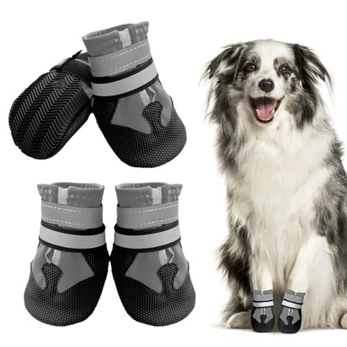 Muecleao Hundeschuhe Pfotenschutz, 4 Stück Wasserdicht Anti-Rutsch Hundestiefel mit Rutschfester Sohle und reflektierendem Klettverschluss, Schuhe für kleine, Mittlere und Große Hunde (Grau, XL)