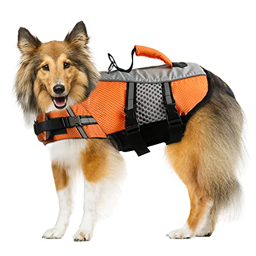 Dog Life Jacket Swimming Vest, Adjustable Dog Flotation Vest High Reflective Pet Life Preserver With Rescue Handle For Small Medium Large Dogs (Large, Orange) #TOP13
