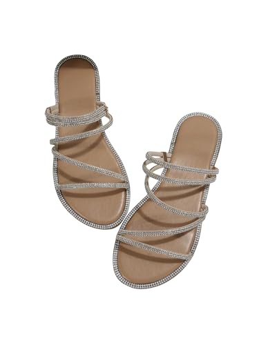 Image of GORGLITTER Women's Rhinestone Sparkly Metallic Strappy Flat Sandals Cute Toe Slip on Slide Sandals