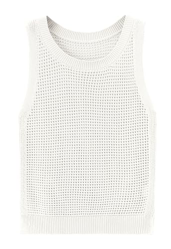 Image of Womens Knit Sweater Vest Summer Tank Tops Round Neck Crochet Hollow Out Sleeveless Crop Top