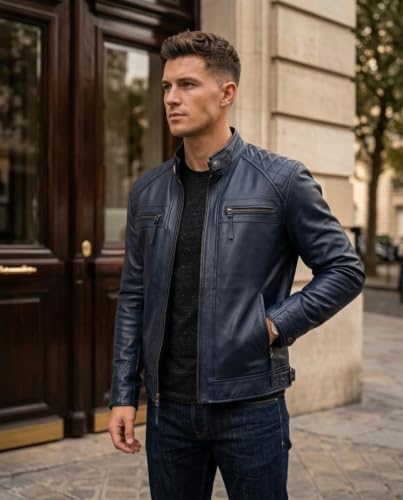Image of Mens Vintage Retro Biker Cafe Racer Jackets - Diamond Quilted Style Genuine Leather Motorcycle Jacket