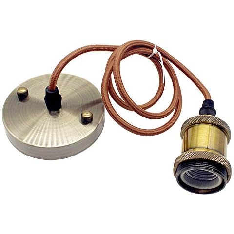 Vintage Pendant Light Industrial Style 1M Round Braided Cable with E27 Lamp Holder Suspension Pendant Light Kit Antique Brass Cover