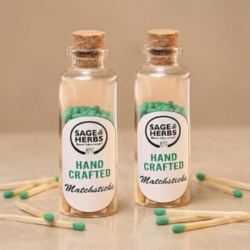 Image of Sage & Herbs 40 Small Matchsticks | Organic Matchsticks | Multipurpose Use | for Home, Temple & Office Use | Long Burn Time | Borosilicated Cork Jar Packing (Green, Small) (Pack of 2)