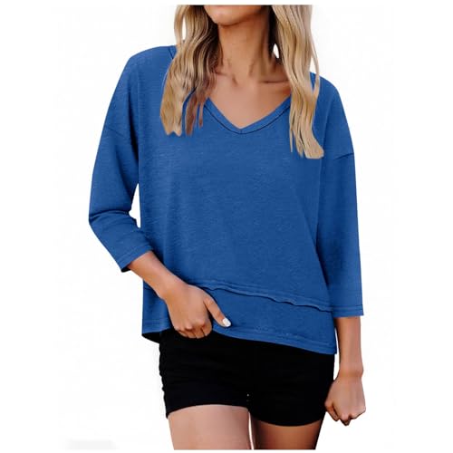 Womens 3/4 Sleeve Pullover Tops V Neck Casual Dressy Summer Blouses Loose Fit Spring Fashion Vacation Tees Shirts Blue