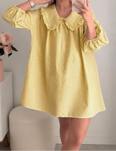 Image of Ynhonra Women's Gingham Mini Dress 3 /4 Puff Sleeve Babydoll Doll Collar