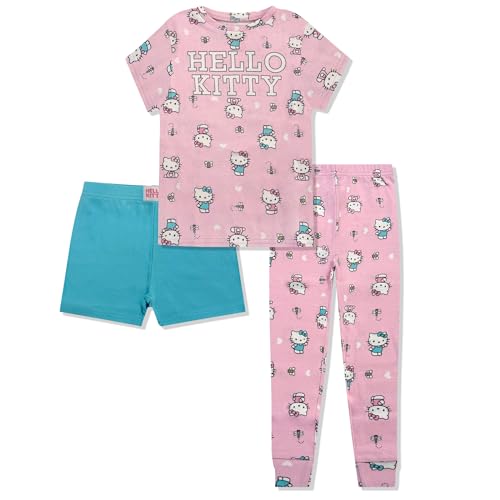 Hello Kitty Girls Pajama Set - 3 Piece Pants, T-Shirt & Shorts - Cotton Sleepwear PJ Set for Kids, Toddler Girl Pajamas