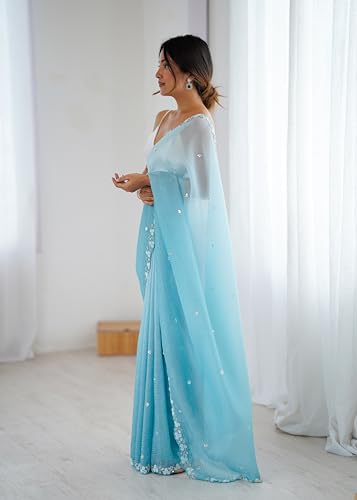 Image of Women's Chiffon Embellished Saree With Unstitched Blouse Piece (Light blue)