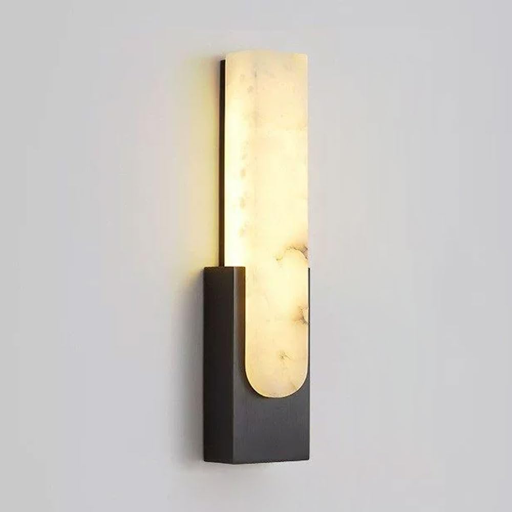ZGDHWCR Modern Industrial Style LED Wall Light, Natural Alabaster Lampshade Paired With Black Metal Base Wall Sconce, 19.7in Marble Wall Lamp, Bedside Dressing Table Staircase Decorative Light Fixture