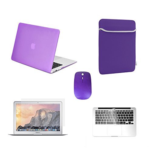 TOP CASE - 5 in 1 Omni Bundle Rubberized Hard Case, Keyboard Cover, Screen Protector, Sleeve Bag and Mouse Compatible MacBook Air 11