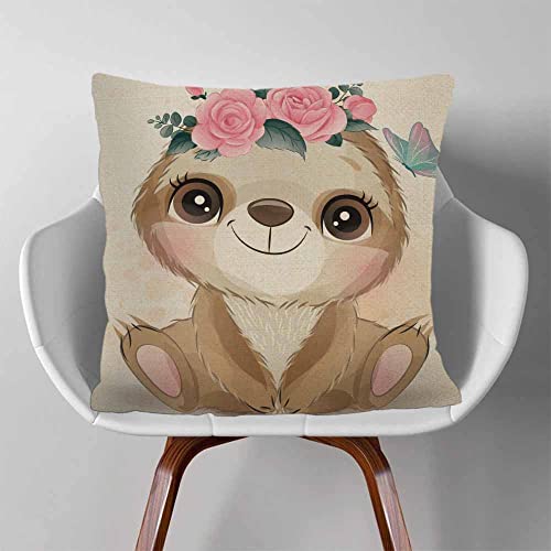 Hysing Cute Sloth Throw Pillow Covers 18 X 18 Inch,Watercolor Baby Sloth Flower Linen Square Pillow Cases Decorative Cushion Cover For Sofa Bedroom Living Room #TOP2