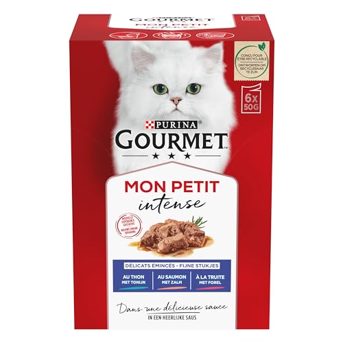 Gourmet MON Petit Intense | Katze | Diskrete in Soße | Thunfisch, Lachs, Forelle | 8 Stück à 6 x 50 g | Frischebeutel