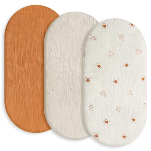 Image of Gllquen Baby Muslin Bassinet Sheets 3 Pack, Breathable Elastic Cozy Fitted Cotton Bassinet Mattress Sheet for Baby Boy Girls, Fit for Hourglass Oval Rectangular Cradle Pad Sheets 33"x17" (Sunshine)
