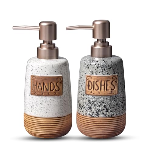 Hand and Dish Soap Dispenser Set, Farmhouse Ceramic Soap Dispenser for Kitchen Sink, 15 OZ Foaming Vintage Hand Wash Liquid Soap Dispenser for Bathroom Rustic Boho Modern Kitchen Decor Accessories