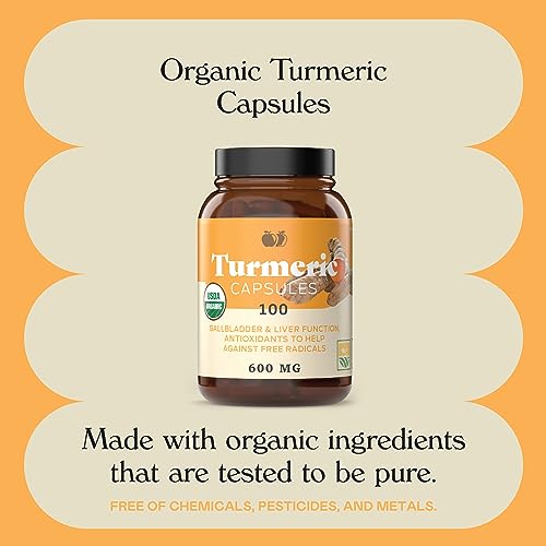 Organic Turmeric Capsules - Raw & Pure Curcumin Root Powder Supplement, 100 Capsules 600mg, Gallbladder, Liver, and Support