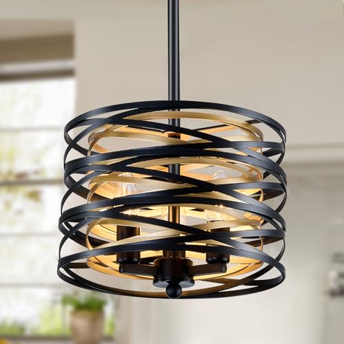 Image of 3- Light Chandeliers Industrial Metal Hanging Light Fixture 11 Inch Farmhouse Chandeliers for Dining Room Black and Gold Pendant Light for Entryway Kitchen Foyer Bedroom