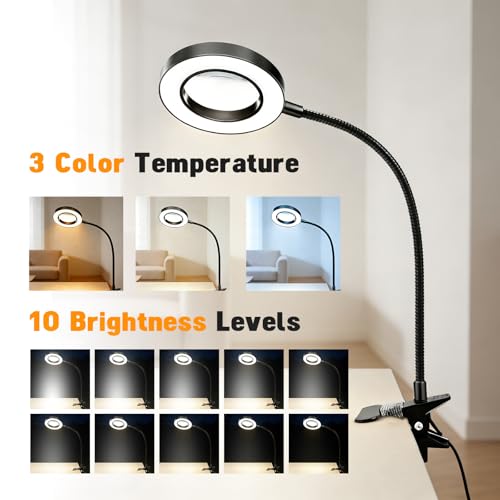 Image of ELEPHANTBOAT Table Lamp for Study Room USB Desk Clip Light, Study Table Lamp LED Reading Light for Book Desk Lamp with 10 Brightness, 10X Magnifying Glass, Flexible Gooseneck, USB Plug in