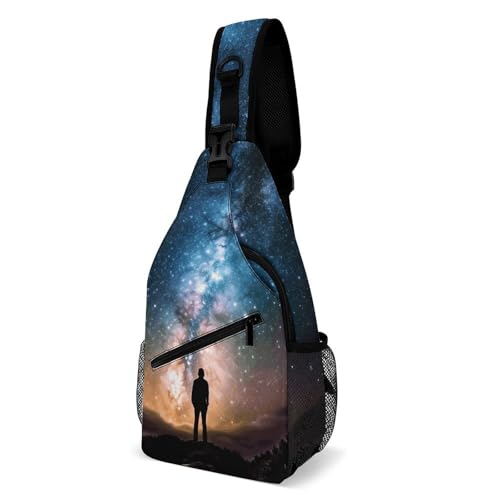 Man Looking Up Universe Night Sky Sling Bag Casual Chest Bag Lightweight Crossbody Bag Hiking Daypack Fanny Pack Trendy Crossbody Shoulder Backpack Travel Chest Pack Sling Backpack for Men Women