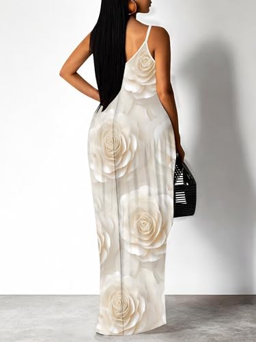 Image of Women Spaghetti Strap Maxi Dress with Pockets | Soft fabric relaxed fit sleeveless v neck with pockets for party and daily wear