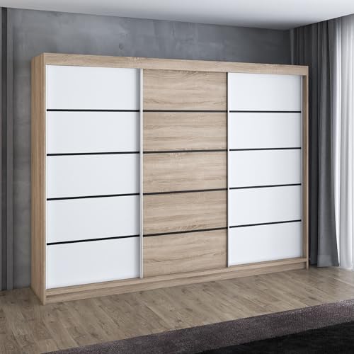 A&J MöbelLand Mero Schwebetürenschrank 200 cm, Kleiderschrank 3-türig mit 4 Schubladen (Sonoma/Weiß/Sonoma/Weiß) A&J MöbelLand Mero Schwebetürenschrank 200 cm, Kleiderschrank 3-türig mit 4 Schubladen (Sonoma/Weiß/Sonoma/Weiß)