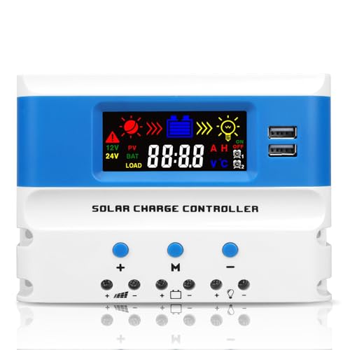 NUOWEIDE 20A Controlador de Carga Solar 12V 24V, PWM Regulador de Carga Solar 20A con 2 puertos USB, Pantalla LCD, Sensor De Temperatura, para 12v 24v plomo ácido Baterías y litio Baterías