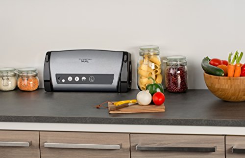 Tefal Vacupack Plus VT2560PR Machine à emballer sous vide en acier inoxydable, avec fonction de scellage et d'arrêt, design moderne et compact pour un rangement facile, 2 rouleaux inclus, fonction