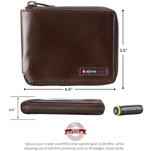 Image of Alpine Swiss Logan Mens Bifold Wallet All-Around Zipper Closure RFID Safe | Tested RFID Protection Genuine Full Grain Cow Hide 13 Card Slots Divided 2 Bill Sections Zips All Around Comes in Gift Box