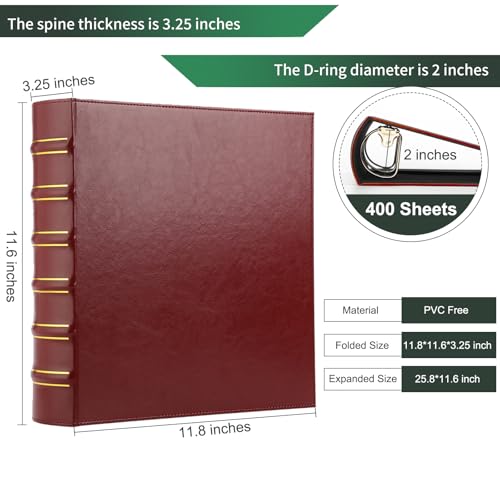 Image of LETVPVOW Vintage Hardback 3 Ring Binder 2 Inch, Professional Leather Binders 2 Inch D Ring, Holds 400 Sheets Capacity 2 Pack - Dark Red