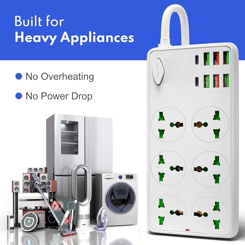 Image of Heavy Duty Multi Plug Extension Board with USB & Type-C, Spike Guard | Individual Switches, 2m Long Wire, Universal Smart Power Extension Cord for Home Office Washing Machine & Heavy Load (White)