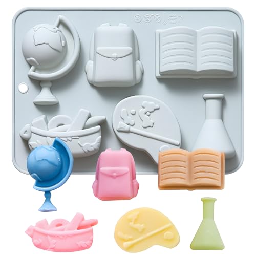 Material escolar educacional molde de silicone, molde decorativo de 6 cavidades com globo mochila livro frasco de laboratório, paleta de arte, azul acinzentado, para sabão de gelo de chocolate e doces