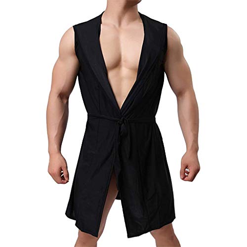 Men's Silk Kimono Robe Hooded Sleeveless Long Bathrobe, Lightweight Sleepwear Pajamas (Color : Black, Size : Medium)3