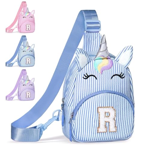 Image of COSHAYSOO Blue Little Girls Purse Unicorn Easter Basket Stuffers 3 4 5 6 7 8 Year Old Girl Birthday Gifts, Kids Crossbody Bag Fanny Pack Spring Break Fashion Cute Essentials Initial Letter R