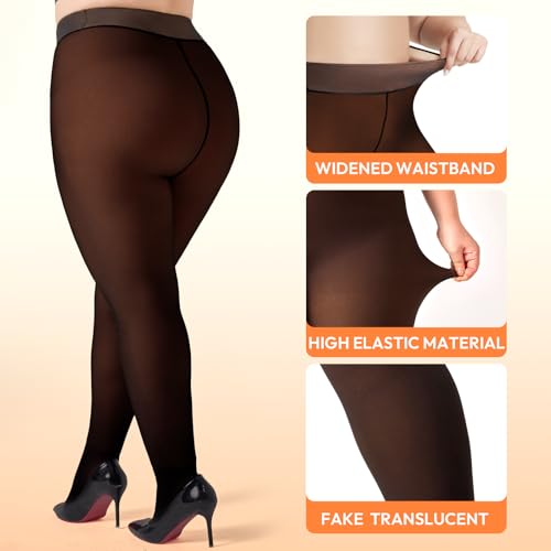 Image of WiliW Plus Size Fleece Lined Tights for Women, Sheer Winter Warm High Waist Thermal Tights Fake Translucent