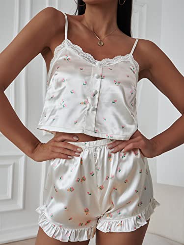 Soly Hux Women's 2 Piece Floral Satin Pajama Set Button Front Cami Top & Short Nightwear White Xl #TOP3