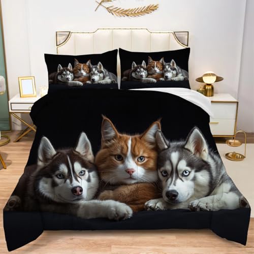 Albideyaa A Cat Sandwiched Between Two Huskies Print Comforter Set King Size Animal Theme 3D Cat Dogs Pattern Bedding Set Fashion Kids Adult Bedroom Quilt Set with 2Pillowcases