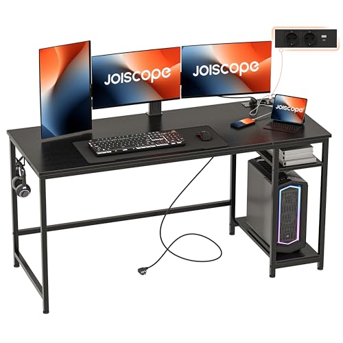 JOISCOPE Escritorio Ordenador con Puerto de Carga USB y Tipo-C y 2 Tomas de Corriente,Escritorio Estudio y Juego Que Ahorra Espacio con Gancho y Estante de Almacenamiento de 2 Niveles,152x75cm,Negro