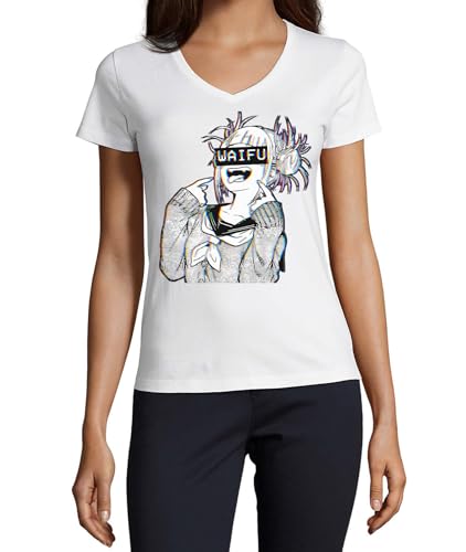 T-shirt col en V Anime 137 coton femme blanc idéal pour vos tenues d'été chill