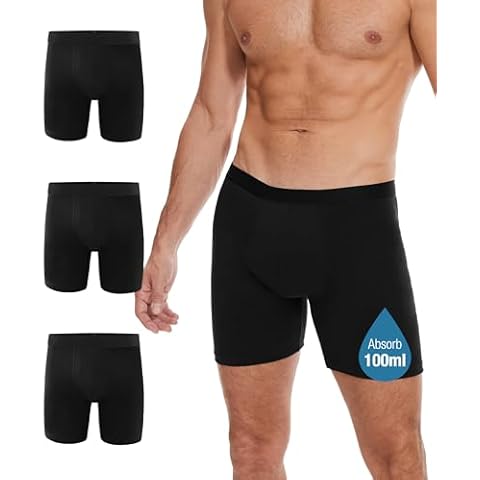 YESWEL Incontinence Underwear Long Leg For Men, 100ML Absorbent Cotton Washable Leak-Proof Reusable Boxer Brief 3 Pack (Black, Large) Cover