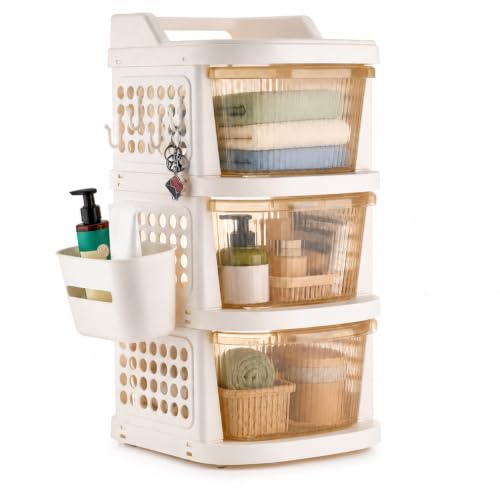 Image of Homeor 3 Tier Plastic Storage Drawer Cabinet with Wheels, Modular Chest of Drawers Organizer with Side Basket & Handle, Storage Trolley Rack for Home, Kitchen, Bedroom, Kids Room (Ivory Transparent)