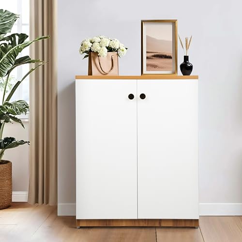 Image of Wooden Shoe Cabinet with Doors - Space Saving Footwear Organizer for Entryway, Living Room & Bedroom | Removable Shelves Compact Storage Unit (76 x 60 x 32 cm)(SHEESHAM& White, 4 Shelves)