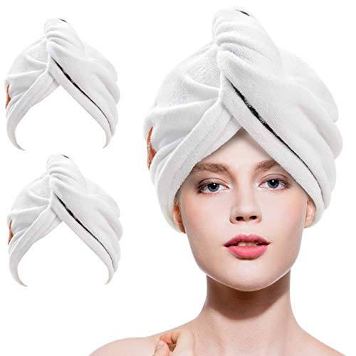Lovife Microfiber Hair Towel Bigger Plus Size Shower Hair Towel Wrap Turban Quick Dry Hair Hat Anti-frizz Fasten Head Turban with 2 Button for Long Curly Hair 2 Pack (White and White)