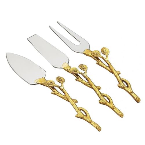 Gilt Gold Finish Leaf & Hammered Steel Cheese Set - 3 Piece