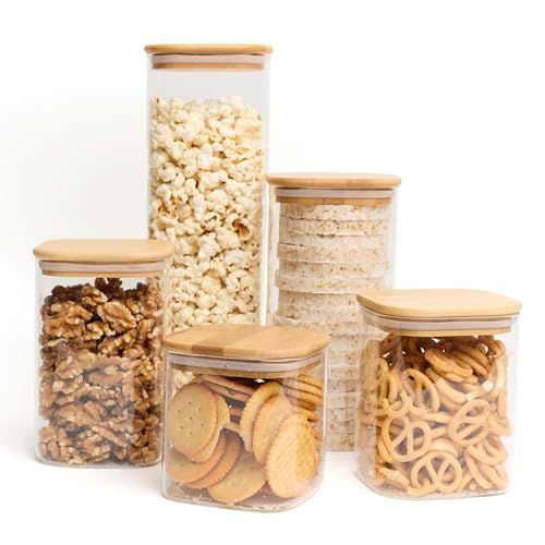 Livabl Glass Storage Containers With Lids – Set Of 5 Glass Jars With Bamboo Lids, Airtight Kitchen Pantry Storage Jars In Various Sizes – Rice Contain