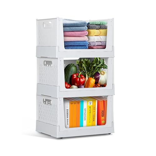 TidyFriend Stackable Storage Bins with Wheels, 3 Pack Foldable Storage Bins Box, Plastic Shelves Drawer Organizer Container for Closet Office Bedroom Kitchen Bathroom (Ivory)