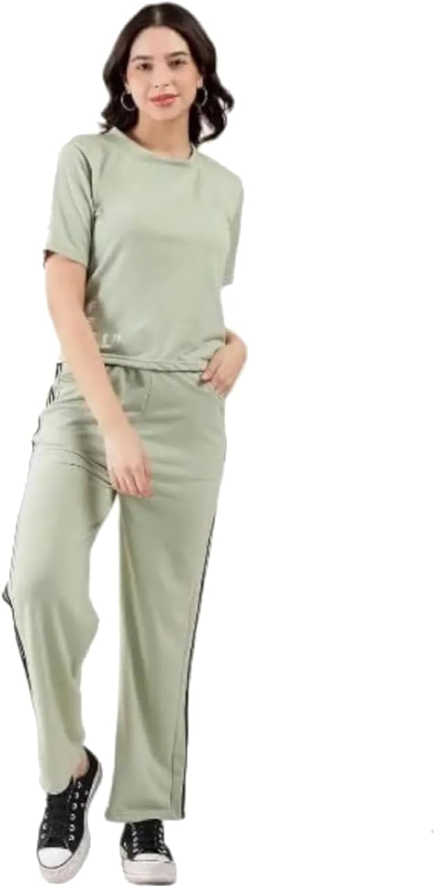 STUBBORNCotton Tracksuit for Women Shirt and Trouser Set, Green, Large - XLarge, Crew Neck Shirt, Short Sleeve, Active Sport Wear, Track Suit Sets, Regular Fit, All Seasons, Casual Dress, Outfit
